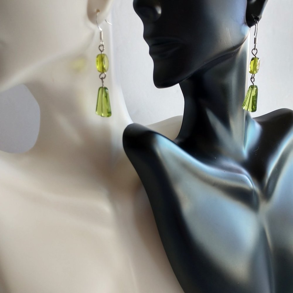 Lime Green Dangle Earrings Silver Hooks Handmade